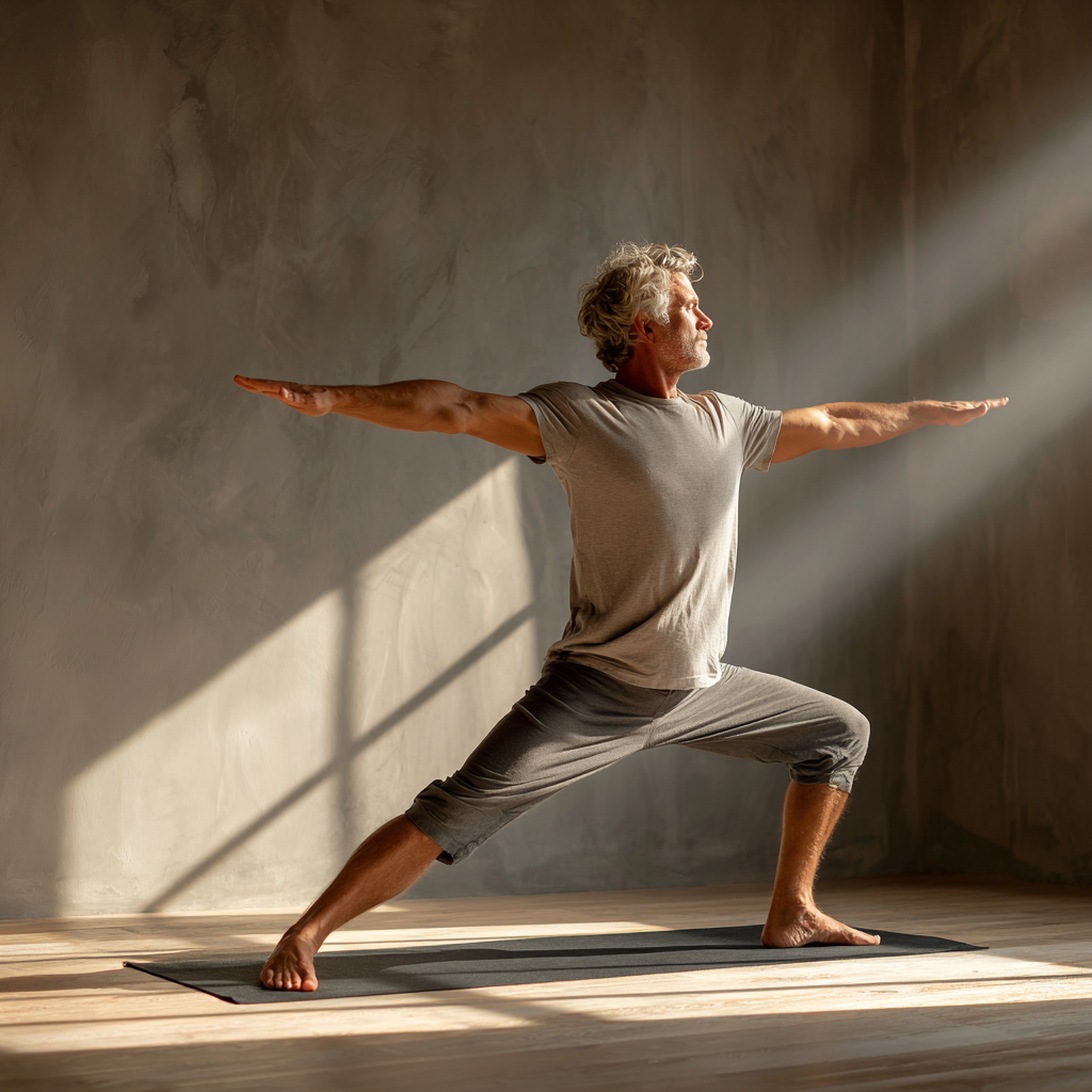 Mature man in his early fifties performing a yoga warrior pose on a mat in a minimalist studio with wooden floors, demonstrating proper form and balance, wearing neutral colored athletic clothing, natural window light creating a calm atmosphere